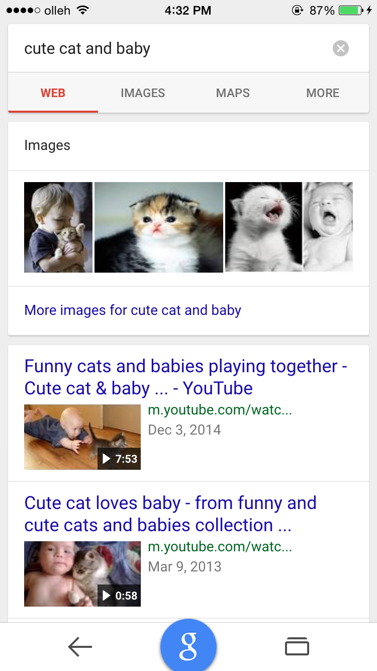 Google.com에서 'cute cat and baby'로 검색했을 때 동영상이 먼저 노출 된다.