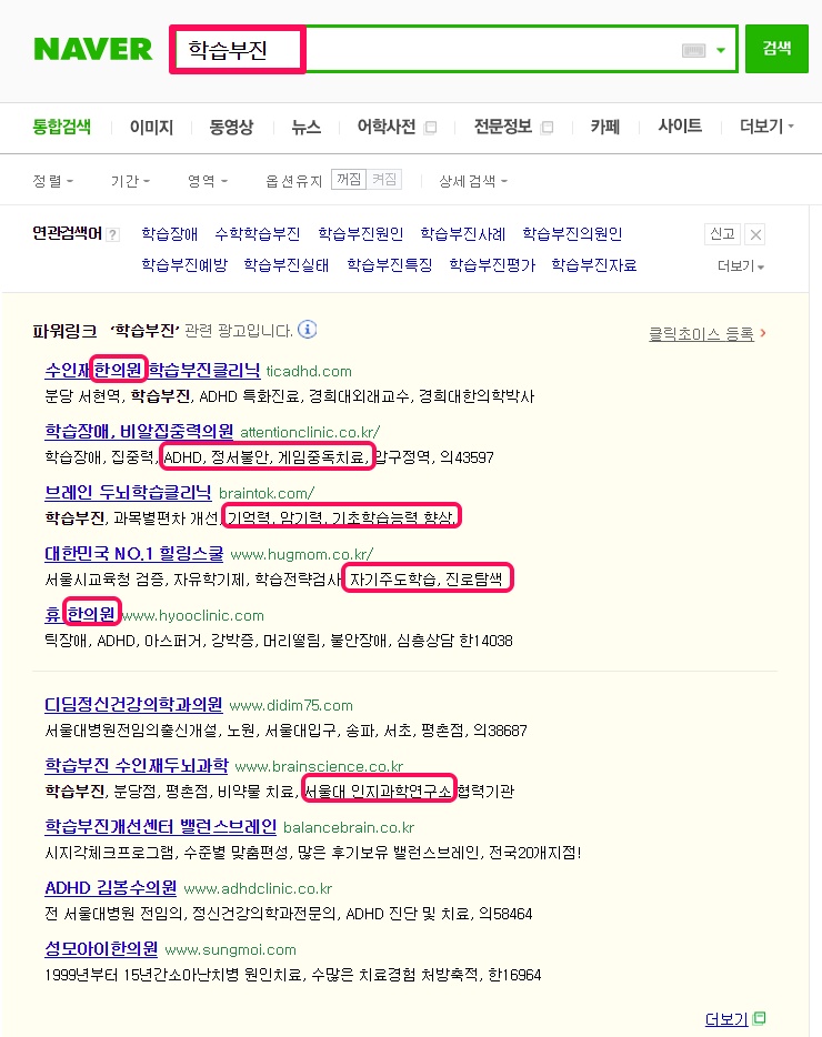 '학습부진' 검색결과에 나온 키워드 광고 중인 업체 현황